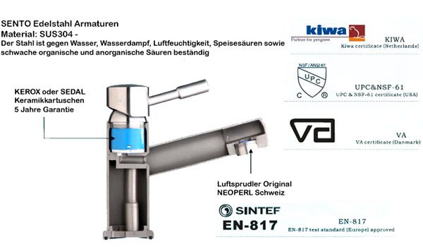 Küchen Armatur massiv Edelstahl bleifrei A 33B stainless steel