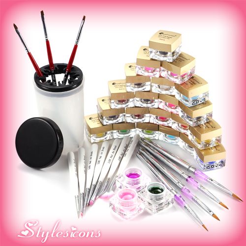 14tlg Pinselset + UV Farbgel 20 Farbe Set f. Nail Art