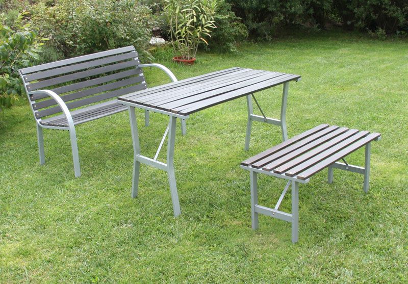 Garten Set Garten Garnitur, Sessel, Gartenbank, Gartentisch, grau/teak