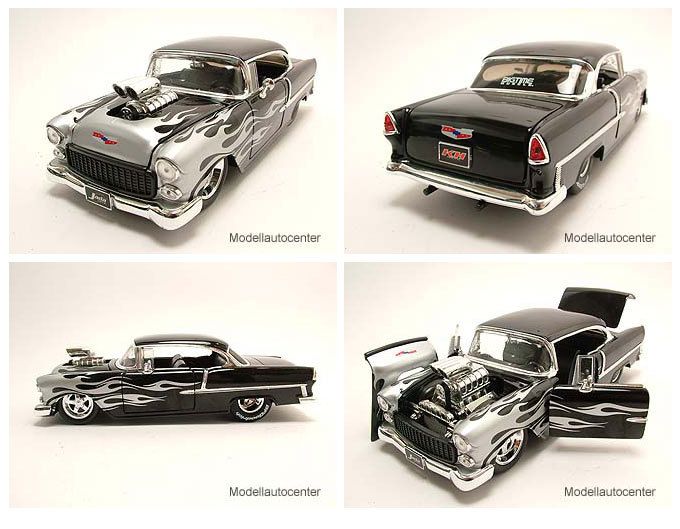 Chevrolet Bel Air 1955 schwarz silberne Flammen Modellauto 1 24 Jada