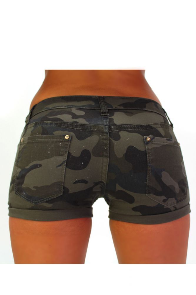 Modische Damen Short Hose Hot Pants Nieten Camouflage Khaki 34 36 38