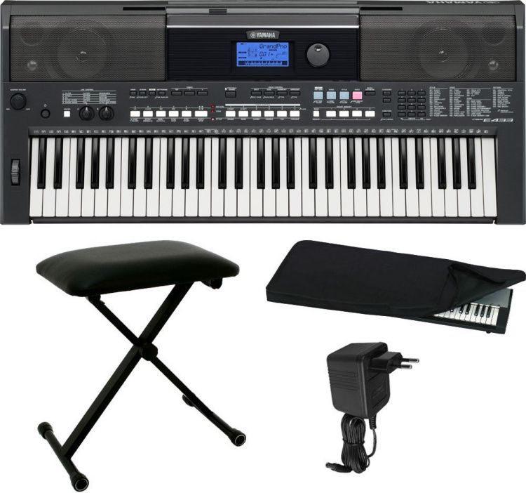 Yamaha PSR E433 Keyboard mit Sitz Bank+Staub Schutz Hülle+Notenpult