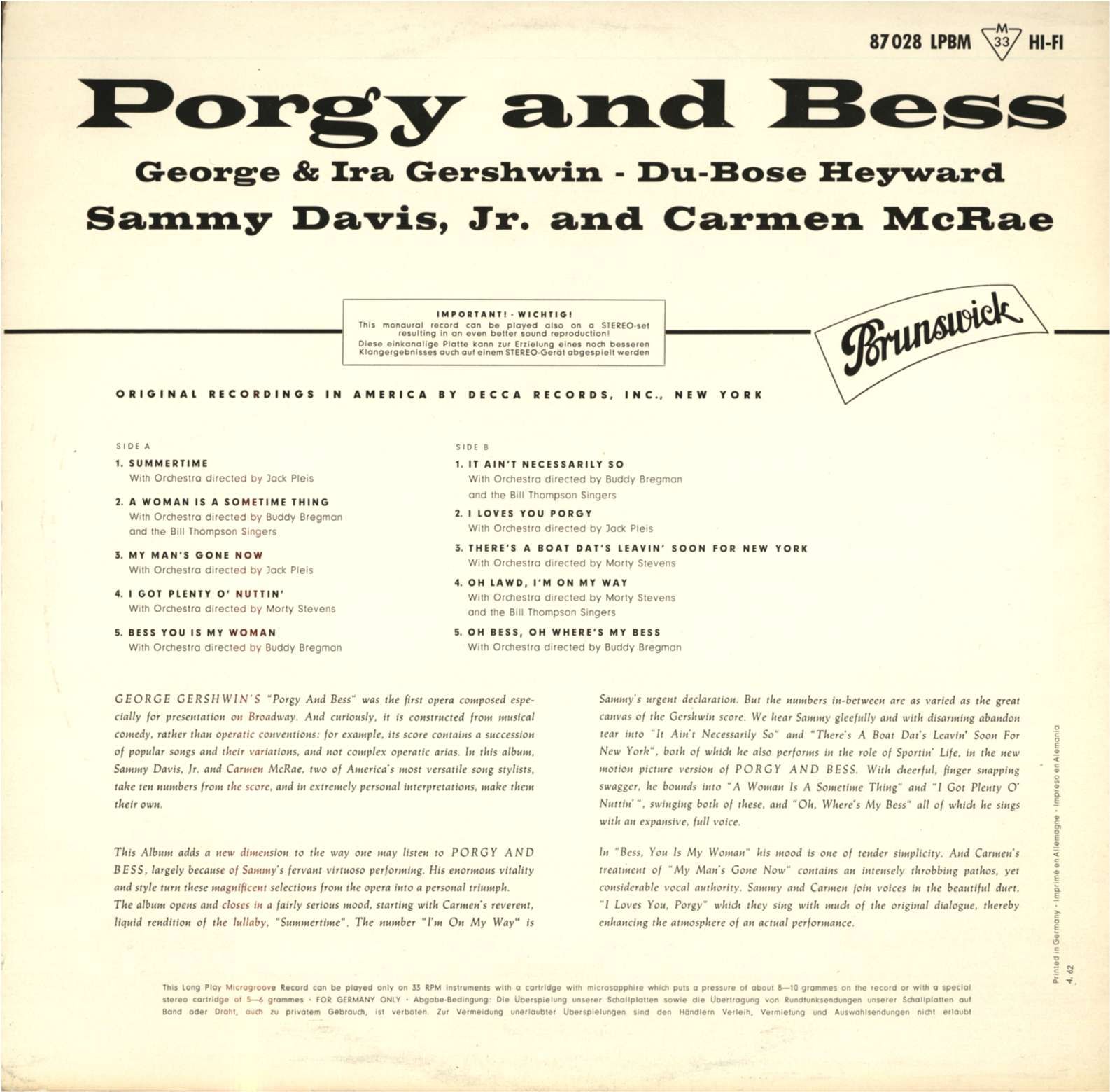 LP / SAMMY DAVIS JR. & CARMEN MCRAE / PORGY AND BESS / BRUNSWICK LPBM