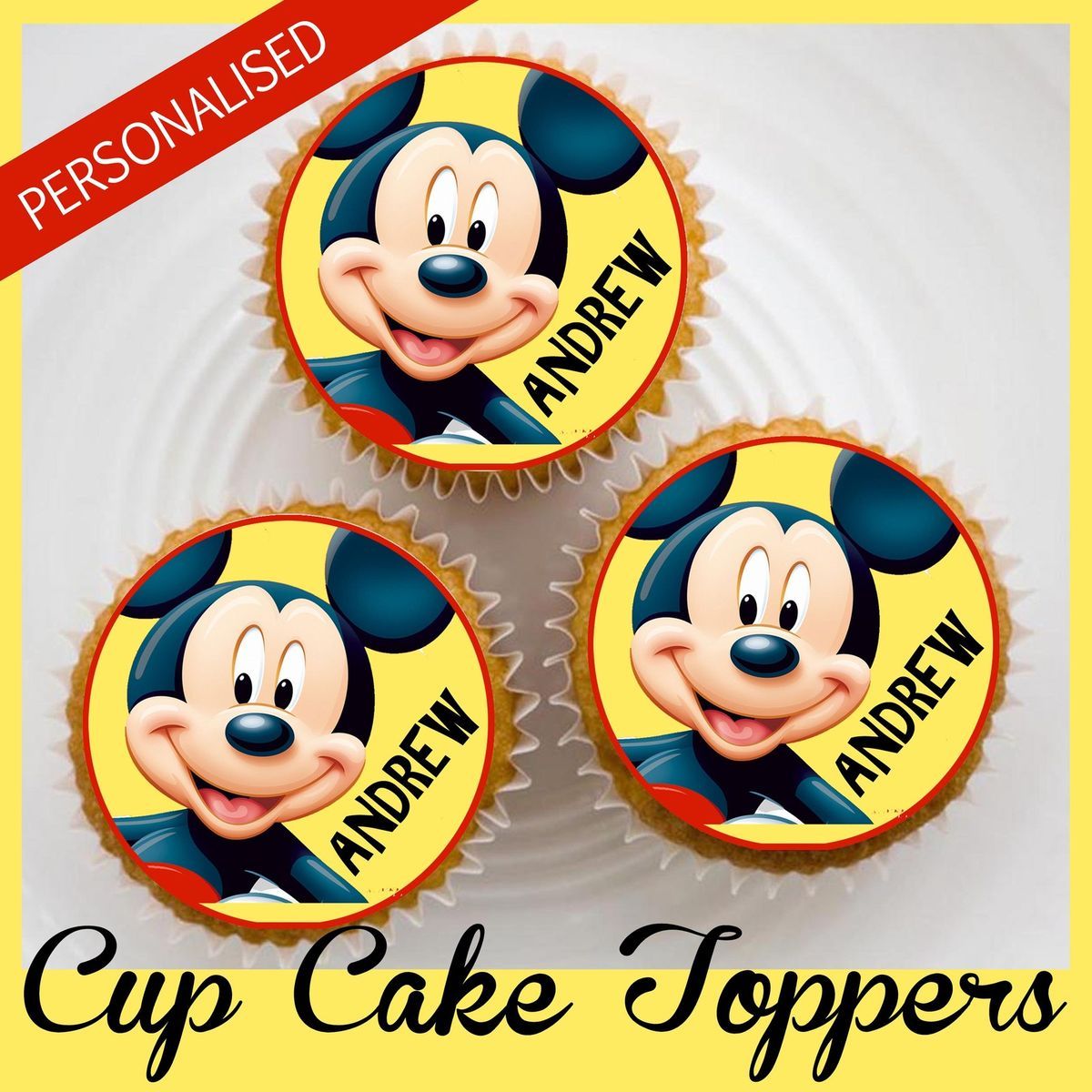 MICKEY MOUSE Rice Paper Cup Cake Toppers.Personalised with chosen Name