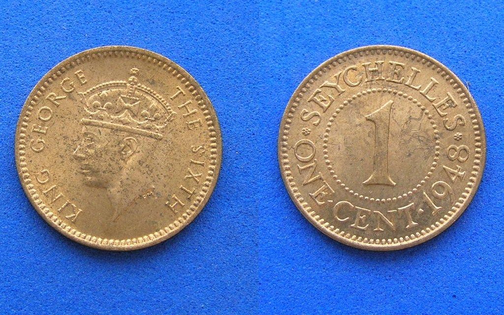 Seychelles One Cent Coin. 1948 Uncirculated Red and brown. KGVI