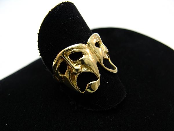 R574 585er 14kt Gelbgold Ring Theater Maske lachend weinend Traurig