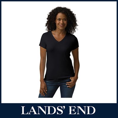 LANDS END Damen T Shirt Shirt Kurzarm V Neck Baumwolle