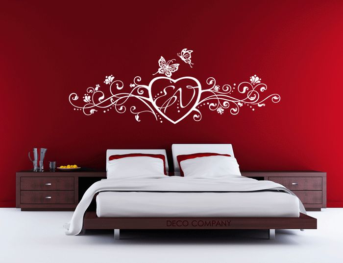 Wandtattoo Wandsticker Blumen Liebe Herz m. eigenen Initialen