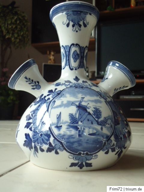 Vase R/ Delft dec 5.5 Blau abstrakte 3 köpfige Blumenvase Windmühle