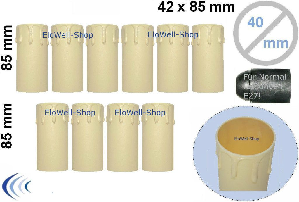 10 Stück Kerzenhülsen E27 Kunststoff 42x85mm Ø40 elfenbein m