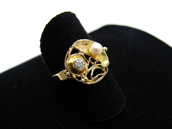 R661 585er 14kt Gelbgold Gold Ring mit Perle und Zirkonia, Handarbeit