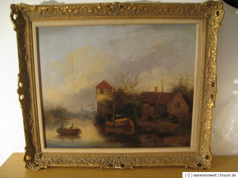 Gemälde Flusslandschaft Öl auf Holz dat. monogrammiert DS 1858