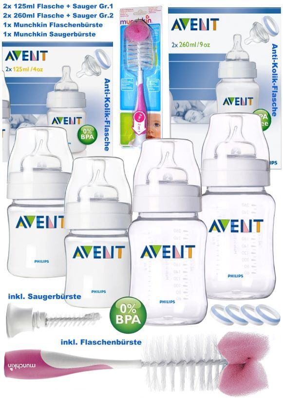 PHILIPS AVENT SCF683 680 27 4x Anti Kolik Flaschen 260ml 125ml Buerste