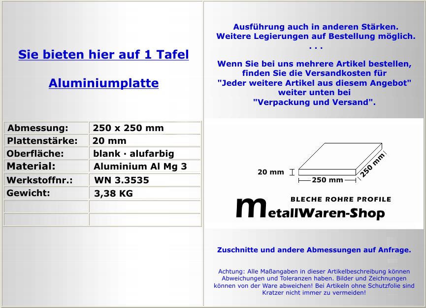 Aluminium Platte 250 x 250 x 20 mm Aluminiumblech / 724