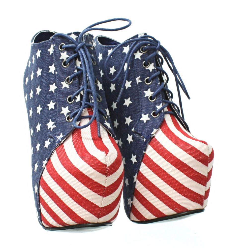WOMENS AMERICAN FLAG STARS AND STARS PLATFORM HIGH HEEL ANKLE BOOTS