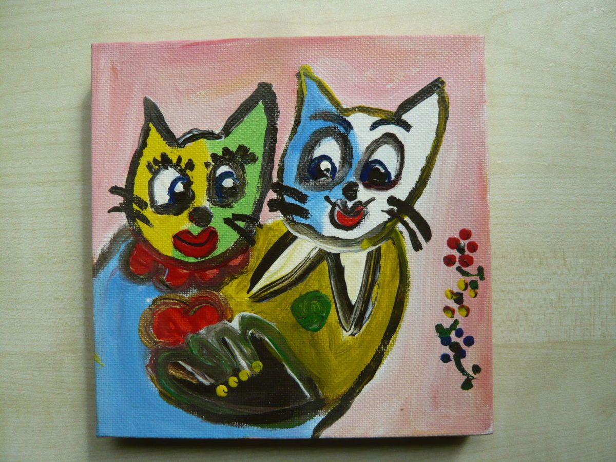 ZWEI KATZEN von Vera BLUMENTHAL 2007 / 15 x 15 cm / Öl