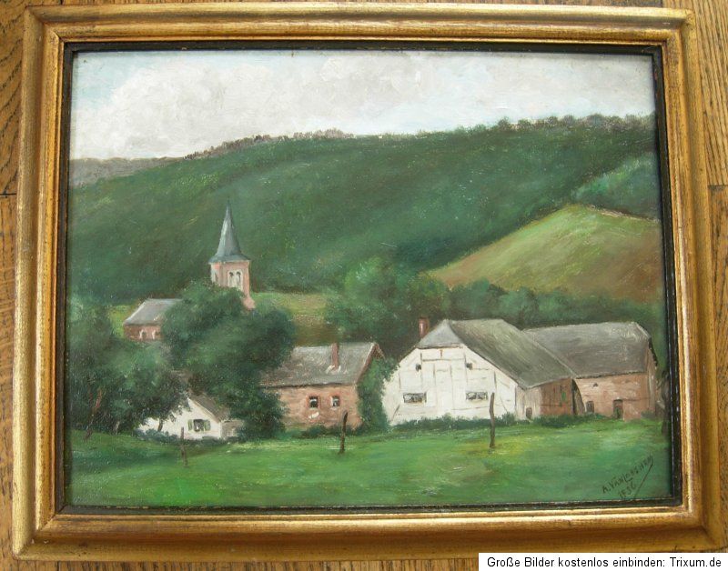 Stilles Dorf in Landschaft ,Ölgemälde auf Malpappe,schöner Rahmen