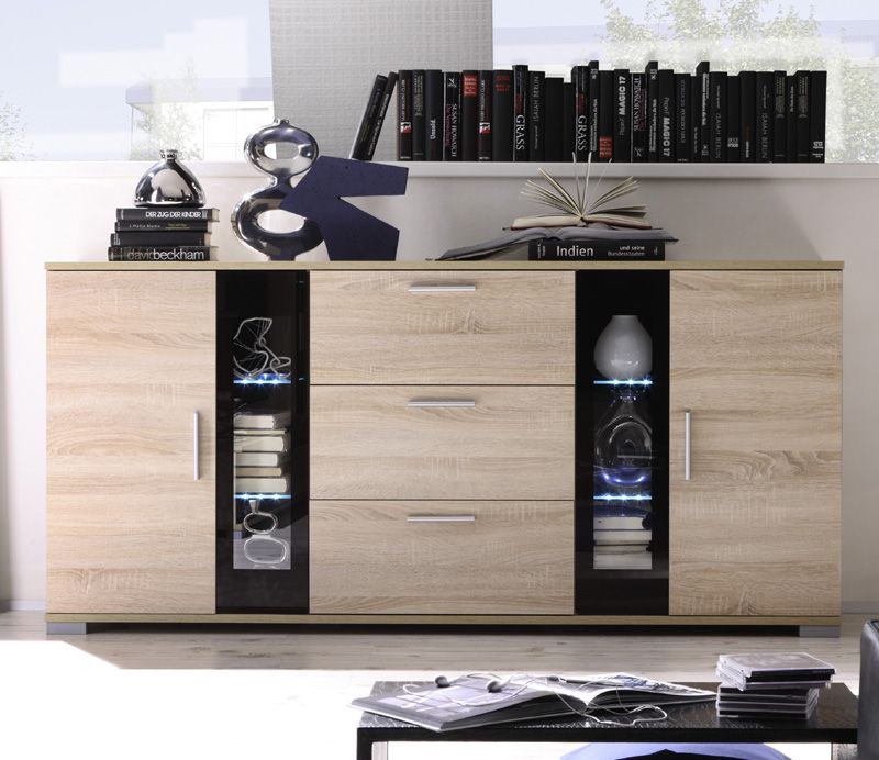 WOW* Sideboard in Sonoma Eiche mit schwarzem Glas Anrichte Kommode LED