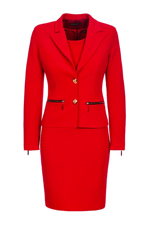 ELEGANTES DAMEN KOSTÜM 2 TEILIG ETUIKLEID KLEID MIT BLAZER JACKE ROT