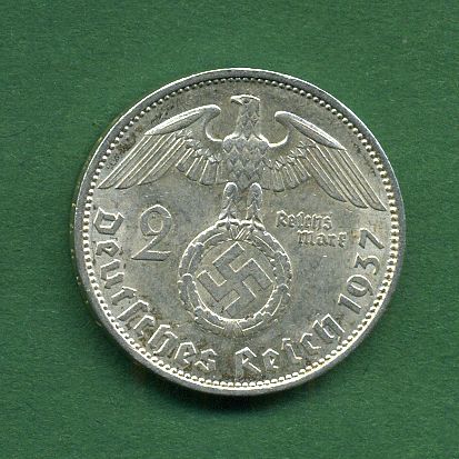 NC8 DRITTES REICH 2 REICHSMARK 1937 A BERLIN HINDENBURG Silber Silver