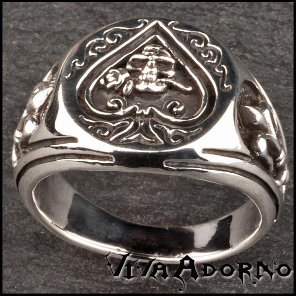 Siegel Ring Pik Totenkopf Rose 925 Silber Ring Daumenring Lilien Poker