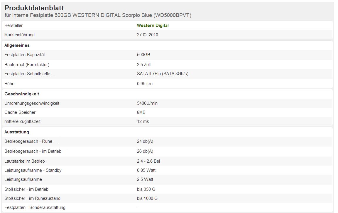 Western Digital 2,5 Festplatte 500GB HDD SATAII  WD5000BPVT