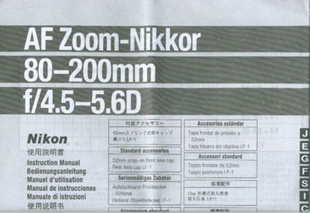 Nikon AF Zoom Nikkor 80 200mm F4.5 5.6D Lens Instruction Manual